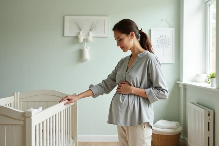 Jeune femme enceinte inspectant un lit bébé en bois blanc dans une chambre de bébé décorée en style scandinave