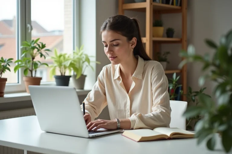 Femme entrepreneur travaillant sur son business en ligne depuis son bureau à domicile avec un ordinateur portable et un carnet de notes