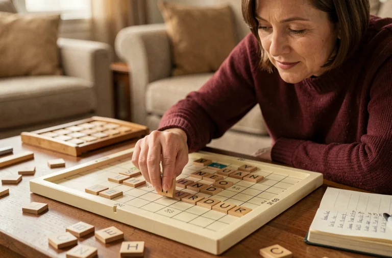 Femme posant une tuile Scrabble sur un plateau de jeu classique, illustrant une partie de Scrabble en cours