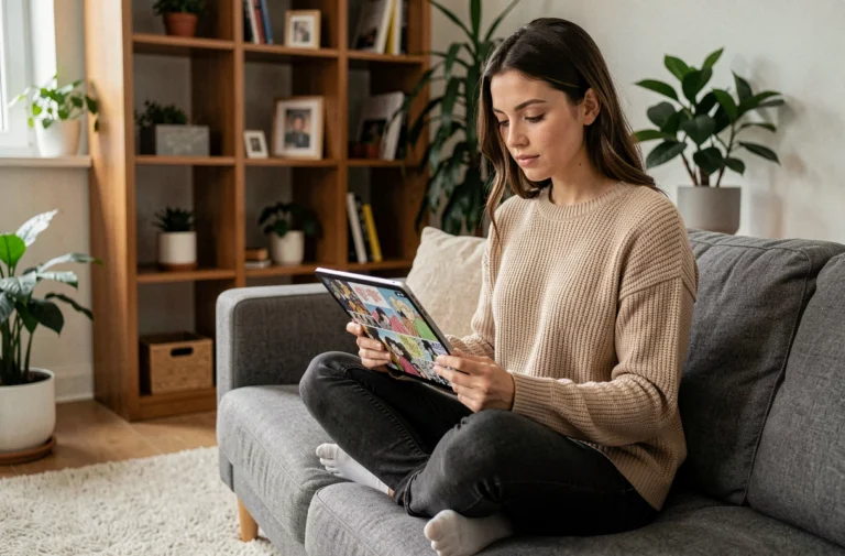Jeune femme lisant des mangas en ligne sur une tablette, installée confortablement dans un salon moderne et cosy