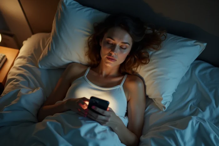 Femme allongée dans son lit la nuit en train d'envoyer un message sur son téléphone
