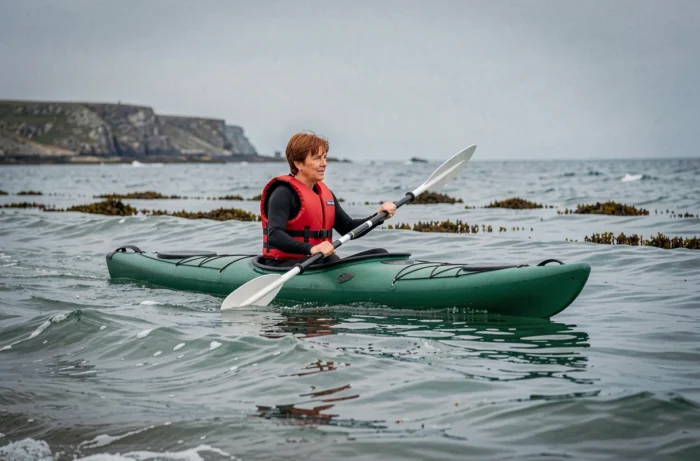 Femme pagayant un kayak gonflable vert en mer par temps calme avec gilet de sauvetage rouge