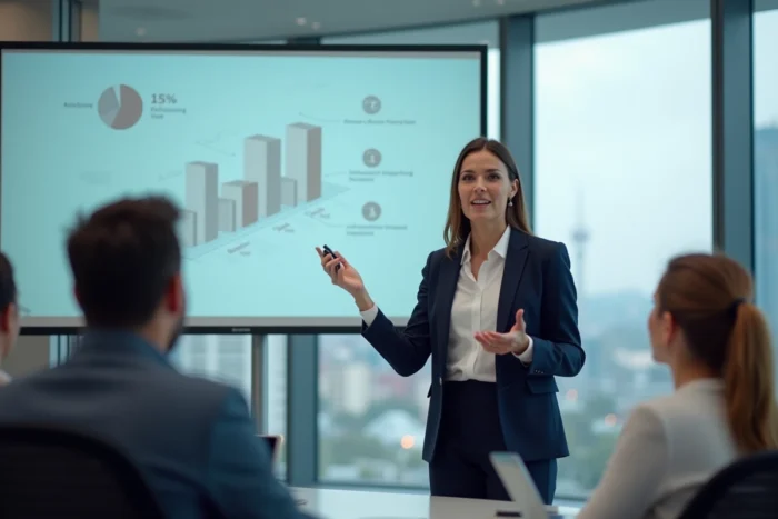 Femme professionnelle présentant une stratégie de communication devant un auditoire en salle de conférence moderne
