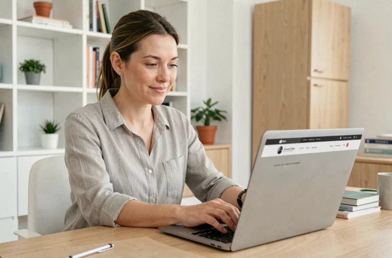 Femme utilisant un service immobilier en ligne depuis son bureau à domicile