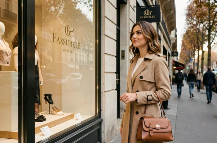 Femme élégante devant une boutique de luxe sur les Champs-Élysées à Paris lors d'une session shopping