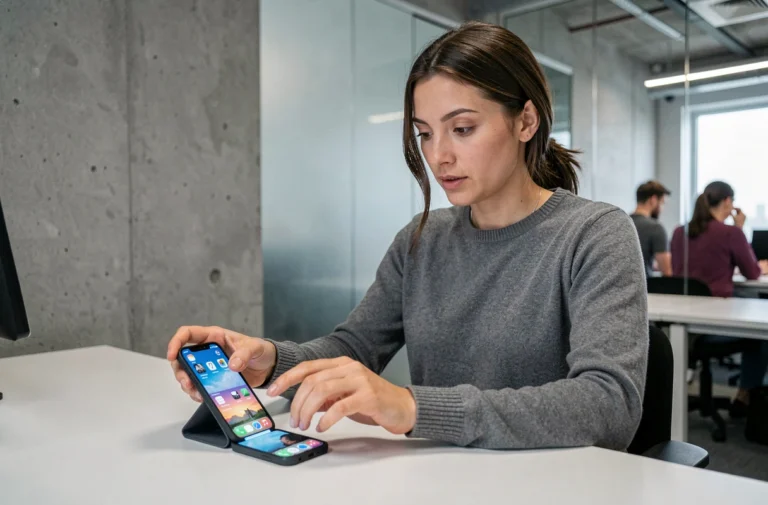 Femme professionnelle utilisant un smartphone pliable dernière génération dans un espace de travail high-tech moderne