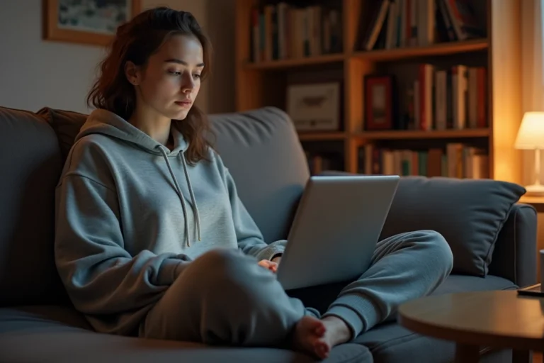 Jeune femme regardant un film en streaming gratuit sur un ordinateur portable depuis son canapé