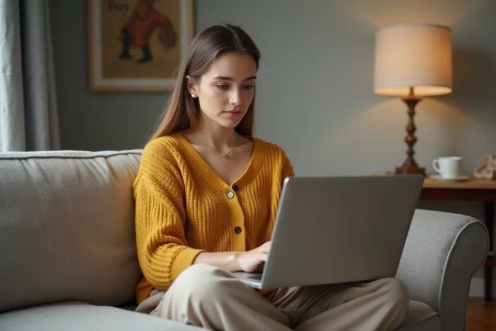 Jeune femme consultant les délais de livraison Asos sur son ordinateur portable dans son salon