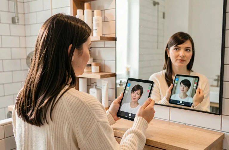 Femme utilisant une application testeur de coupe de cheveux sur tablette devant un miroir de salle de bain moderne