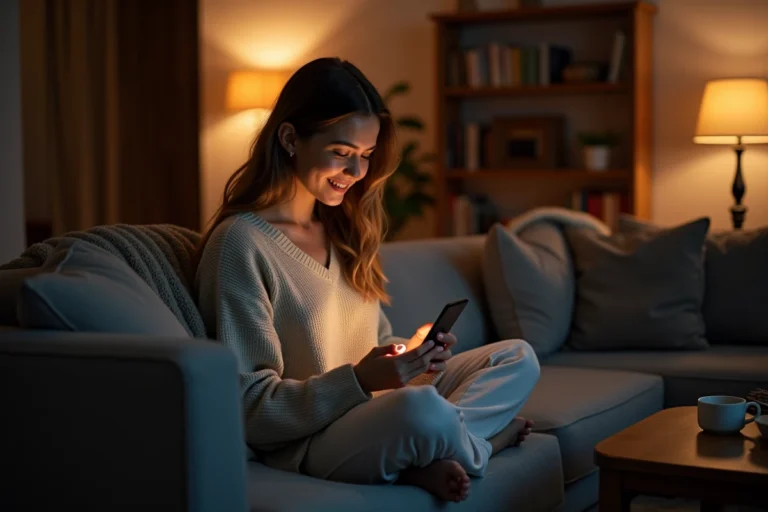 Jeune femme envoyant un SMS tard le soir sur son canapé avec un sourire pensif