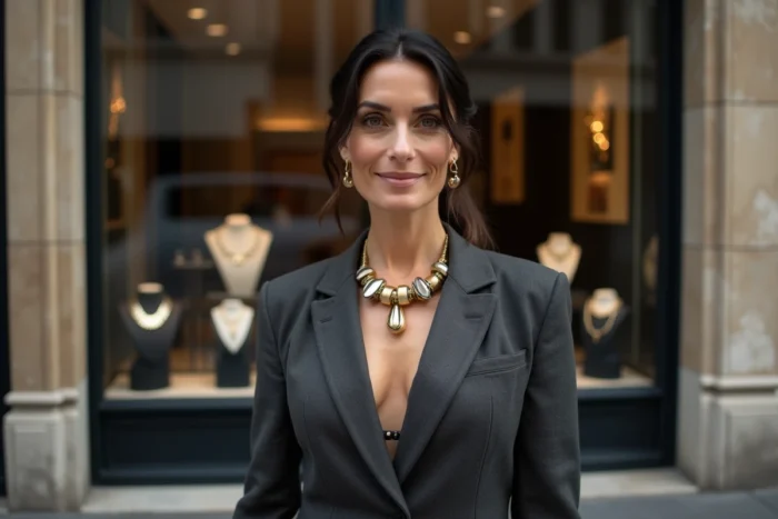 Fondatrice d'une marque de bijoux de luxe indépendante posant devant sa boutique parisienne avec ses créations
