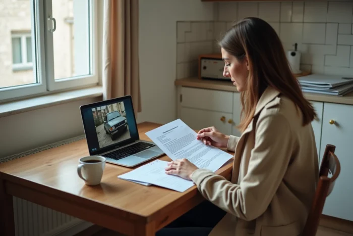Femme remplissant un formulaire de signalement administratif pour un véhicule ventouse depuis son domicile