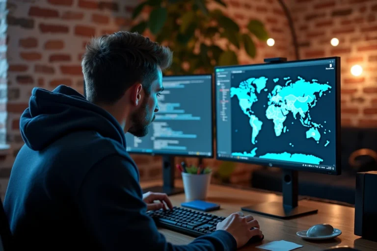 Ingénieur informatique analysant la géolocalisation d'une adresse IP sur un écran d'ordinateur dans un bureau moderne
