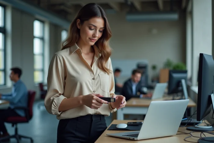 Jeune femme gérant des fichiers volumineux avec une clé USB dans un espace de coworking moderne