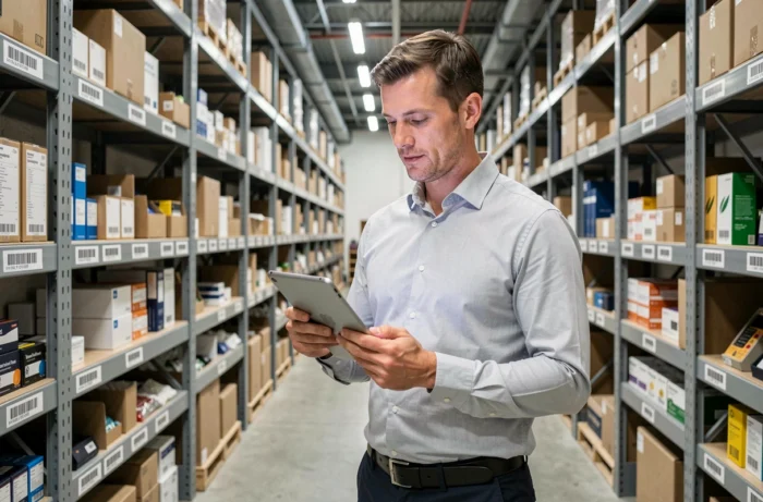 Responsable des achats vérifiant l'inventaire sur tablette dans un entrepôt logistique d'entreprise bien organisé