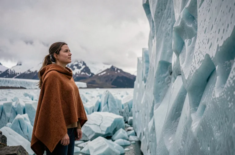 Femme en poncho regardant le glacier Perito Moreno en Patagonie argentine en août