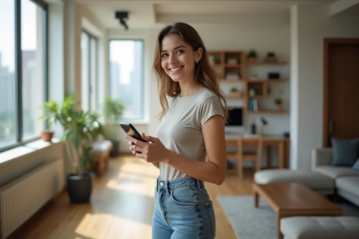 Jeune femme streameuse en tenue décontractée souriante dans un appartement moderne avec vue urbaine, portrait lifestyle naturel