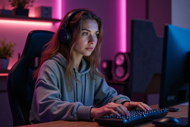 Jeune streameuse dans sa vingtaine assise devant son setup de streaming avec clavier mécanique et écran, dans un studio gaming cosy
