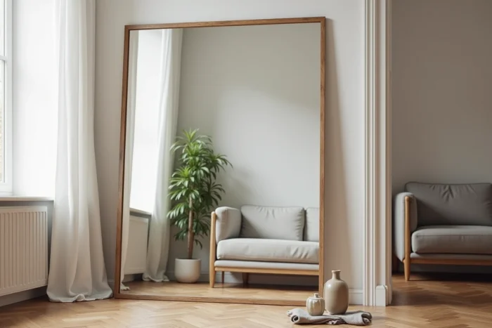 Grand miroir posé au sol avec cadre en bois brut dans un salon, reflétant plantes et mobilier pour agrandir visuellement la pièce