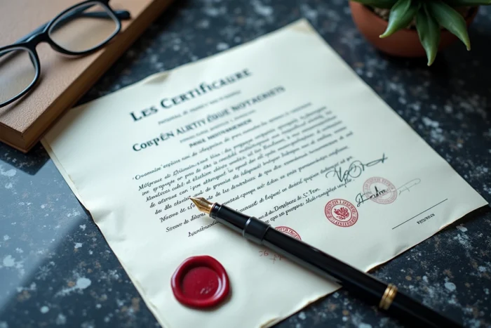 Gros plan d'une attestation notariée avec cachet de cire rouge et stylo plume sur fond de granit sombre