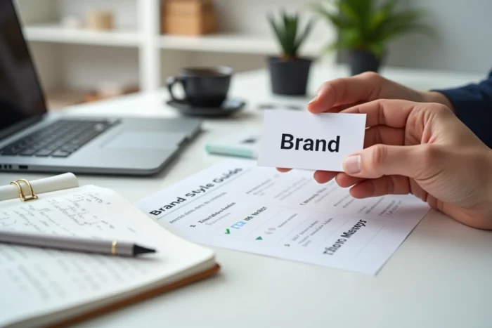 Gros plan sur une nouvelle carte de visite avec identité de marque rebranding sur un bureau design