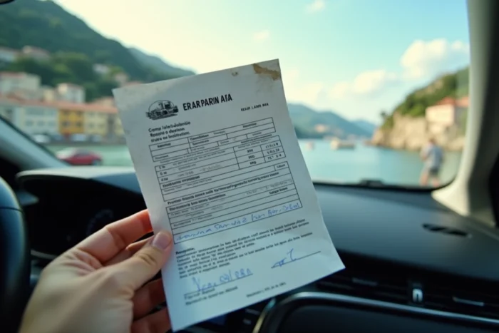 Gros plan d'un faux procès-verbal de stationnement posé sur le tableau de bord d'une voiture en Italie