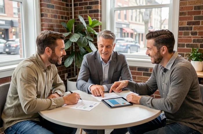 Groupe de professionnels discutant de finances et d'idées reçues autour d'une table dans un espace de coworking