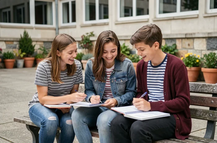 Groupe d'élèves de lycée partageant des conseils scolaires dans la cour de récréation, ambiance détendue et collaborative