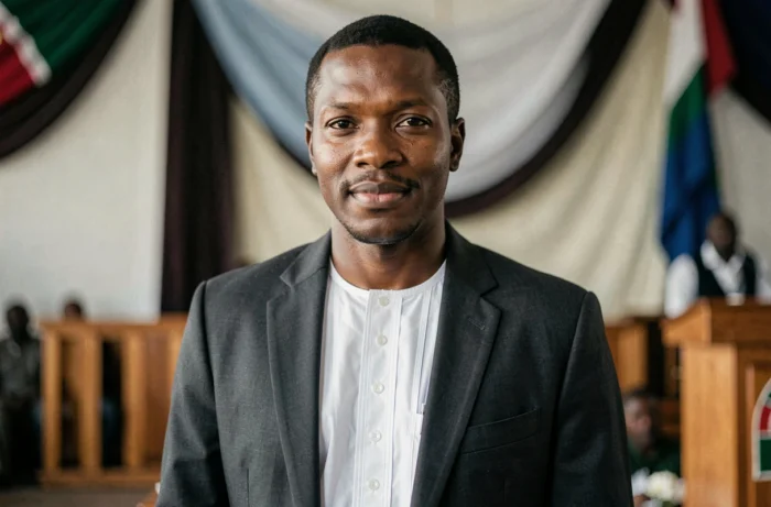 Homme africain en tenue traditionnelle et blazer sombre en coulisses d'un événement public, illustrant l'image et le parcours de Haron Tanzit