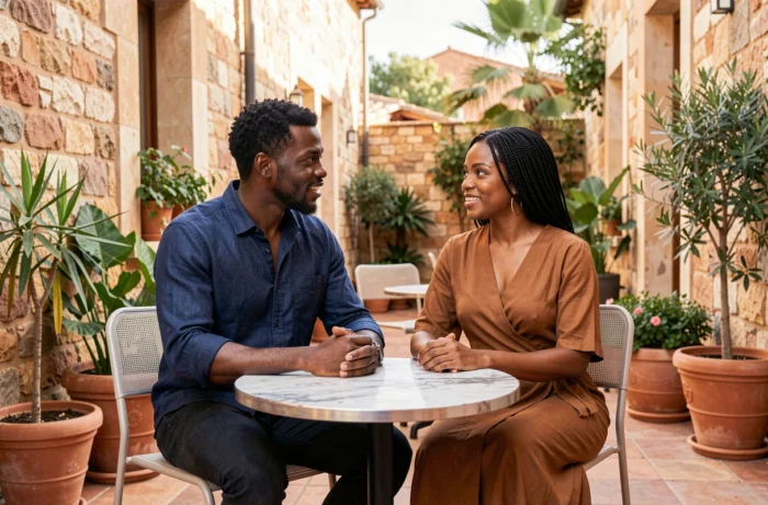 Couple africain élégant attablé à une terrasse de café, évoquant la vie de couple et l'image publique de Haron Tanzit