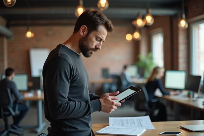 Homme consultant une liste de contrôle et une tablette dans un espace de coworking pour optimiser ses performances en ligne