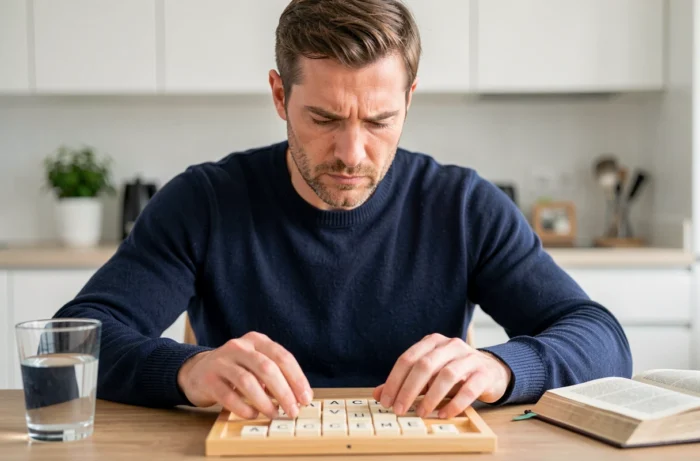 Homme étudiant son chevalet de Scrabble avec les lettres A, C et E visibles, en train de réfléchir à son prochain mot