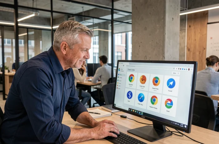 Homme professionnel choisissant un navigateur internet sur un grand écran d'ordinateur de bureau en open space