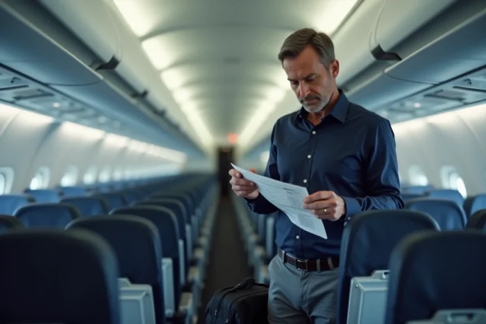 Homme choisissant sa place en avion dans le couloir pour éviter les problèmes d'oreilles