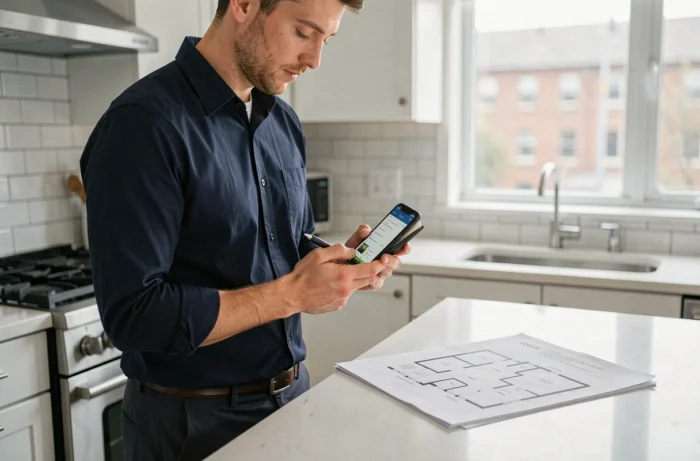 Homme consultant un document immobilier numérique sur smartphone avec un plan papier dans la cuisine