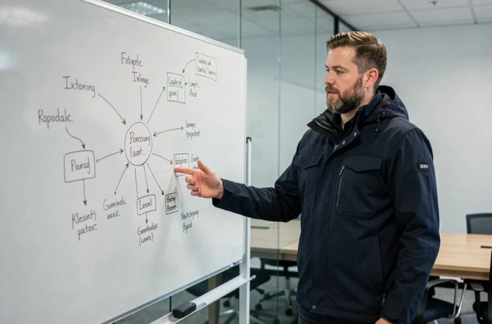 Homme expliquant un diagramme de processus complexe sur un tableau blanc dans une salle de réunion minimaliste, illustrant la présentation d'un fonctionnement technique