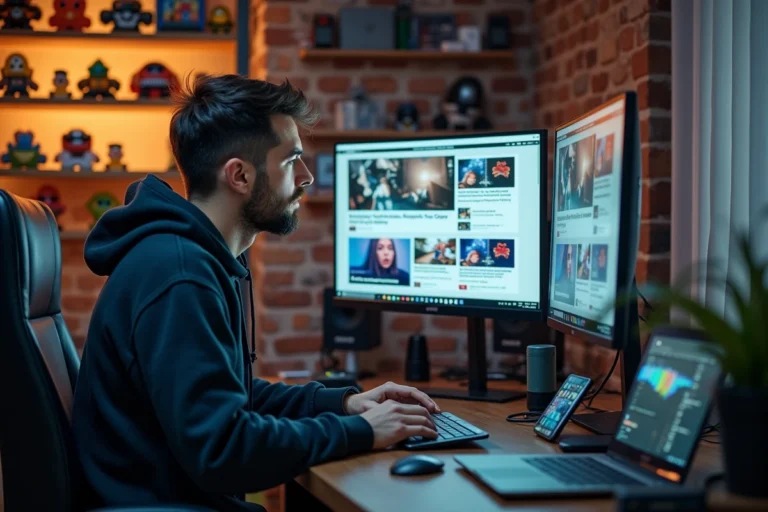 Homme geek concentré sur ses dernières actualités tech dans un bureau moderne rempli de gadgets électroniques