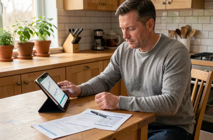 Homme consultant une application d'actualités financières sur tablette à la maison, entouré de relevés bancaires, symbolisant la gestion personnelle des finances au quotidien