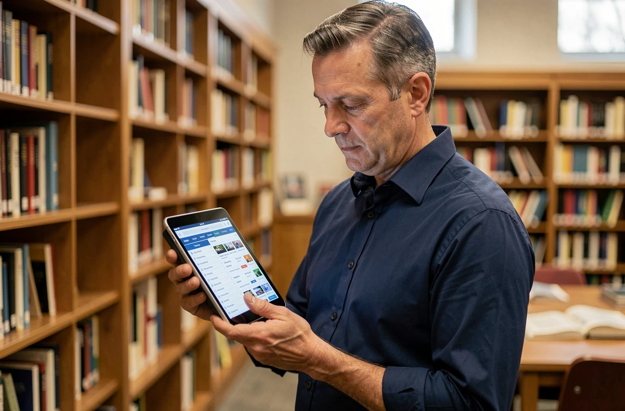 Homme parcourant un index de contenus organisés sur une tablette dans une bibliothèque publique