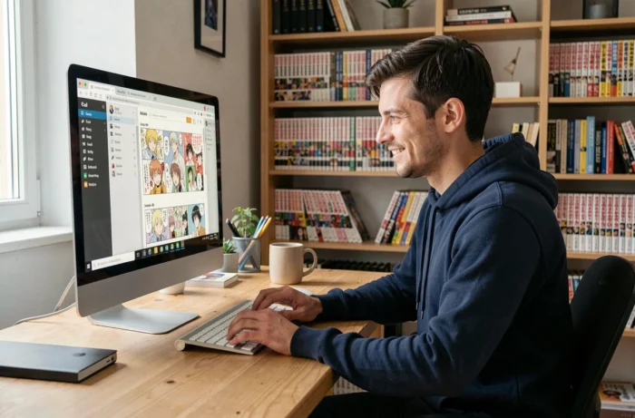 Homme adulte lisant des mangas en ligne sur ordinateur dans un bureau à domicile entouré de volumes imprimés