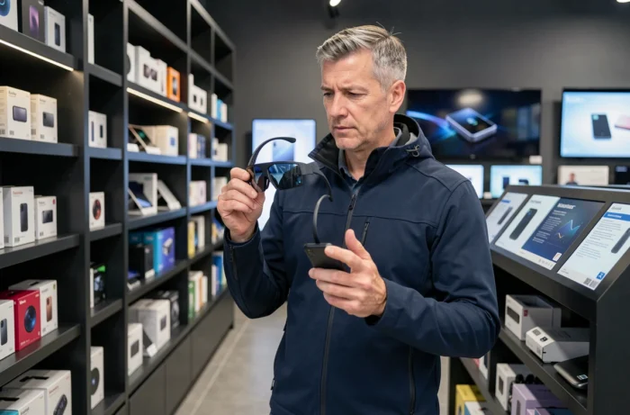Homme examinant des lunettes de réalité augmentée dans un magasin d'électronique high-tech contemporain
