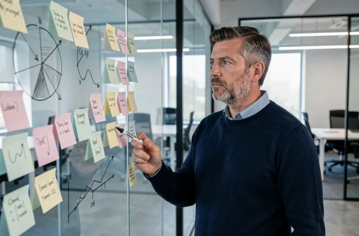 Homme réfléchissant devant un mur de notes sur les mythes et réalités de la finance