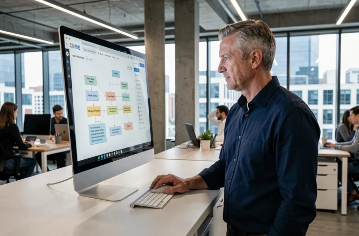 Homme naviguant sur un plan de site web depuis un grand écran dans un espace de coworking moderne