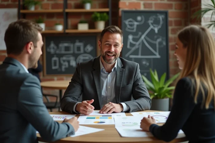 Homme d'affaires préparant une présentation avec des collègues autour d'une table dans un espace de coworking