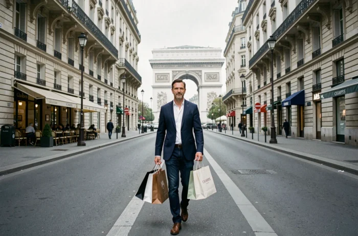 Homme portant des sacs de shopping de marques de luxe en marchant sur l'avenue des Champs-Élysées à Paris