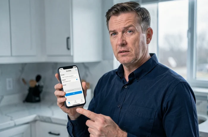 Homme vérifiant la fiabilité d'un convertisseur MP4 sur son smartphone dans une cuisine moderne