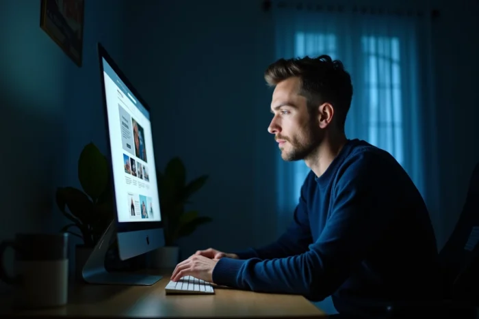 Homme cherchant un film en streaming gratuit sans inscription sur son ordinateur de bureau à domicile