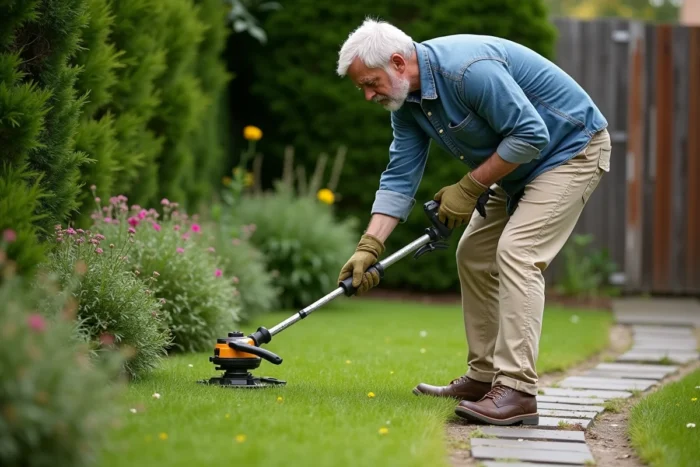 Homme utilisant un taille-bordure sans fil pour délimiter les bords d'une pelouse dans un jardin entretenu