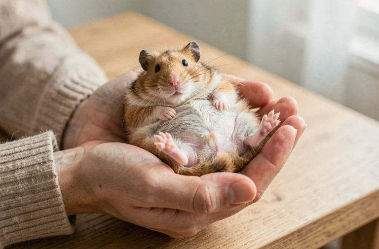 Femme tenant délicatement un hamster doré dans ses mains pour observer son ventre et déterminer son sexe
