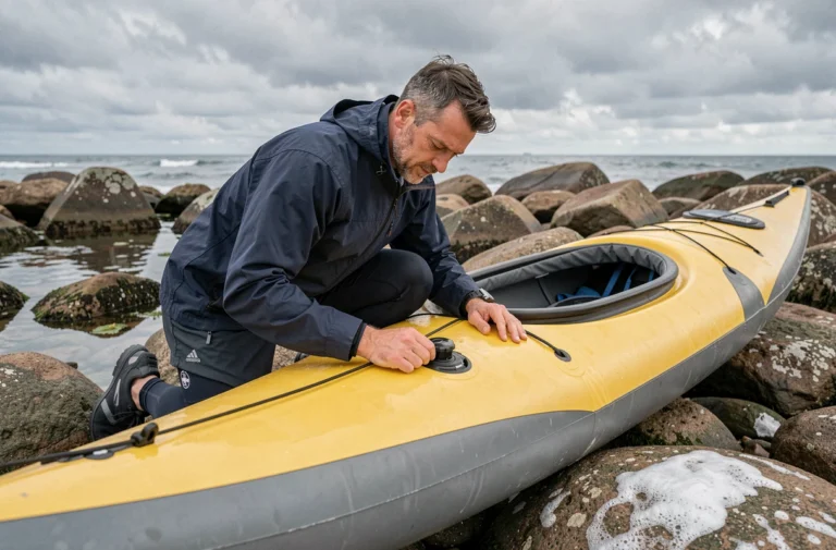 Homme inspectant un kayak gonflable jaune et gris sur une côte rocheuse atlantique avant une sortie en mer